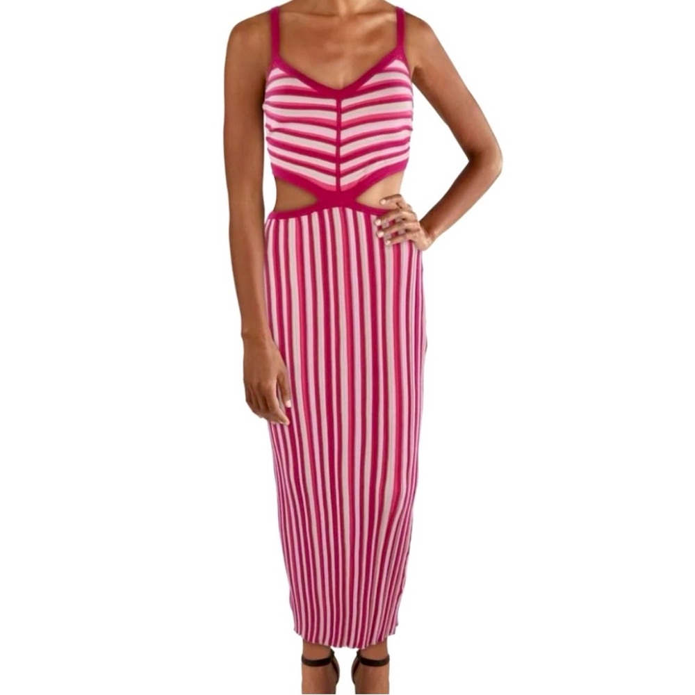 Torn by Ronny Kobo Red, Pink and Cream Artemis Knit Striped Cut-out Midi Dress